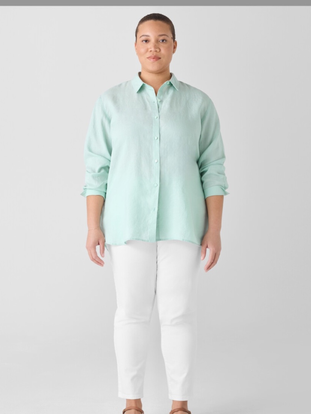 Eileen Fisher Organic Handkerchief Linen Classic Collar Shirt in Absinthe NWT